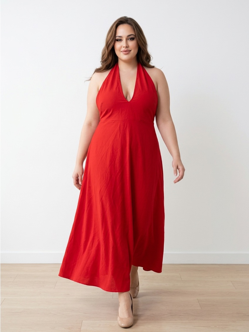 SHEIN Red Halter V-Neck Maxi Dress